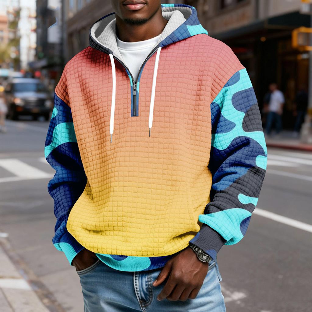 Sudadera Deportiva Casual para Hombre con Capucha y Media Cremallera a Cuadros con Cordón y Estampado