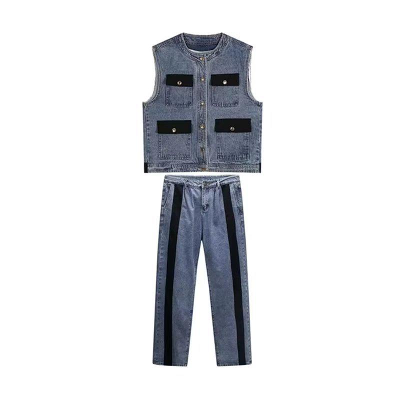 Pánský cool streetový oblek: Kontrastní džínová vesta a kalhoty s širokými nohavicemi
