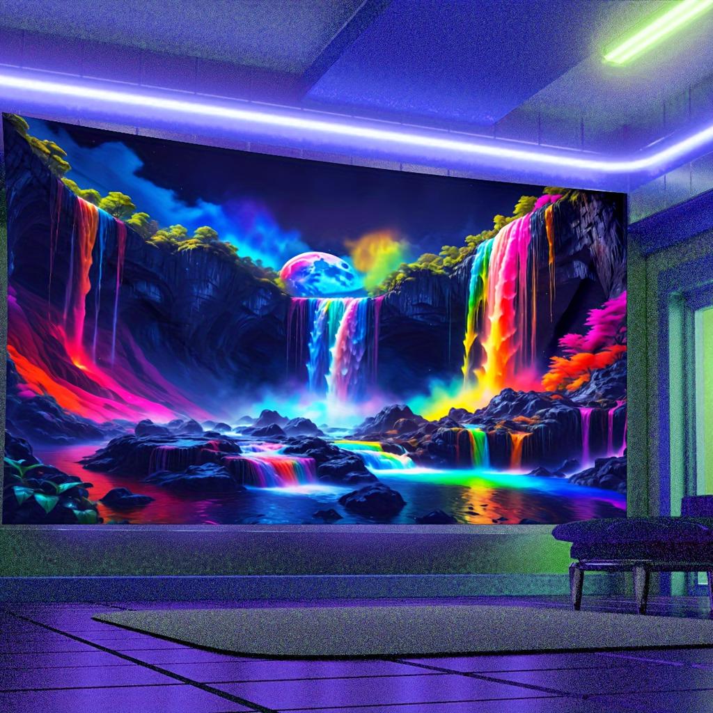 1 waterfall and rainbow forest night fluorescent tapestry,  natural landscape polyester ultraviolet black light tapestry