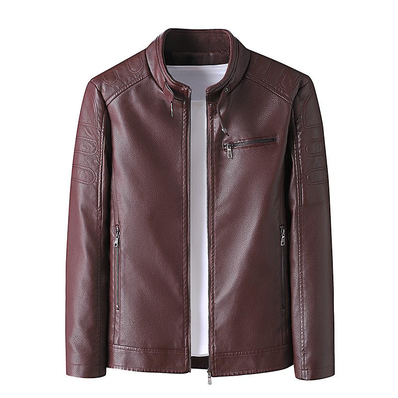 PU Leather Men's Slim Jacket Autumn and Winter Velvet Jacket Men's Casual Stand-up Collar Leather Jacket