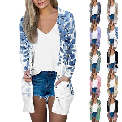 Women's Casual Fashion Floral Print Long Sleeve Mid-Length Cardigan Jacket
