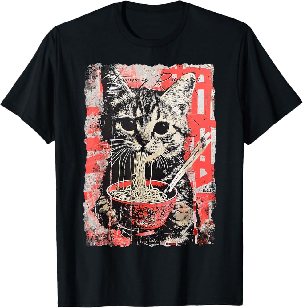 Round Cute Cat Smoke Hot Lamian Noodles Cartoon Printed T-shirt Vintage Pure Cotton Personality Short Sleeve for Men and Women