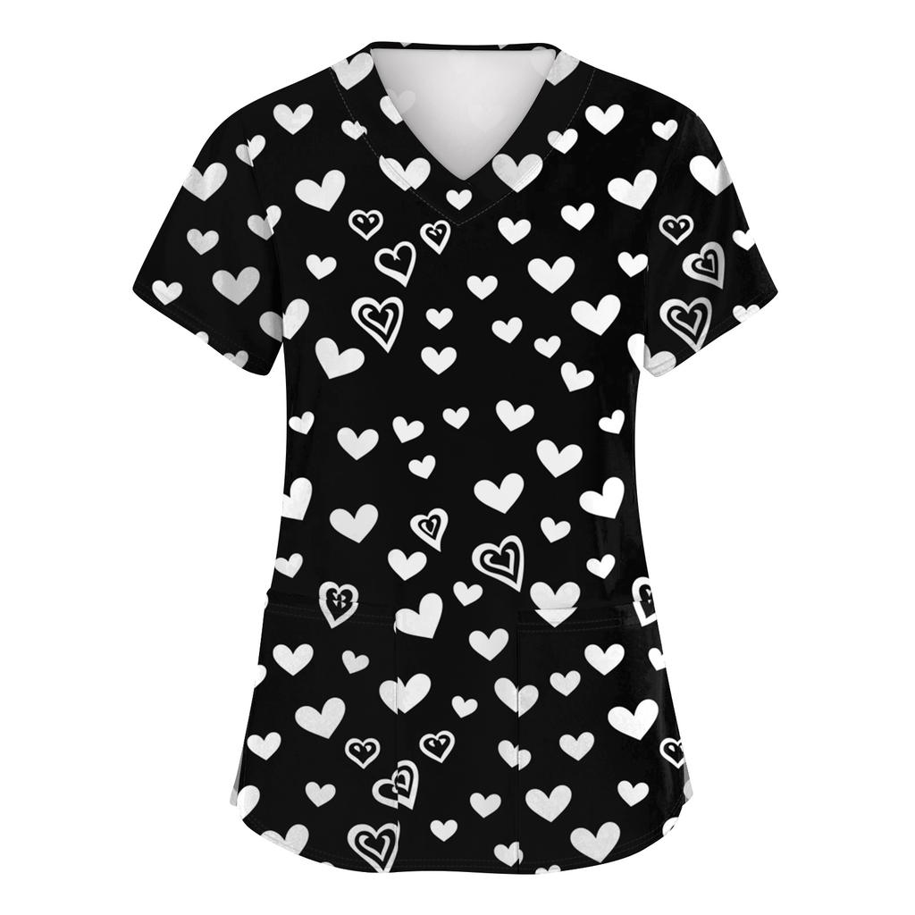 Women V Neck Printed Scrub Top with Heart Pattern Short Sleeve Uniform Top for Veterinary