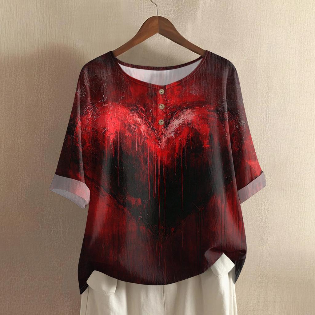 Damska casualowa i wygodna bawełniano-lniana bluzka z okrągłym dekoltem, średniej długości, z modnym nadrukiem