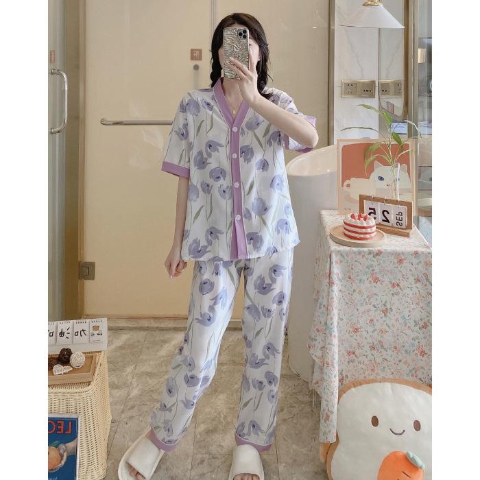 "Set de pijama pentru femei cu mânecă scurtă și decolteu în V - Bumbac Sweet Home & Îmbrăcăminte de exterior"