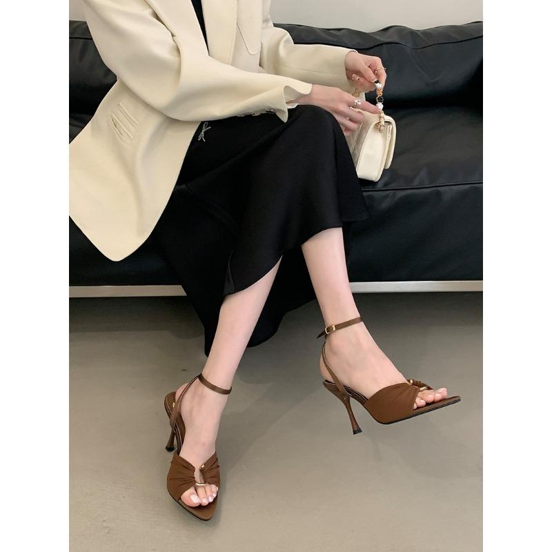 Summer Pointed Toe Thin High Heels Pleated Metal Buckle Strap Women Sandals Banquet Party Female Mules Shoes