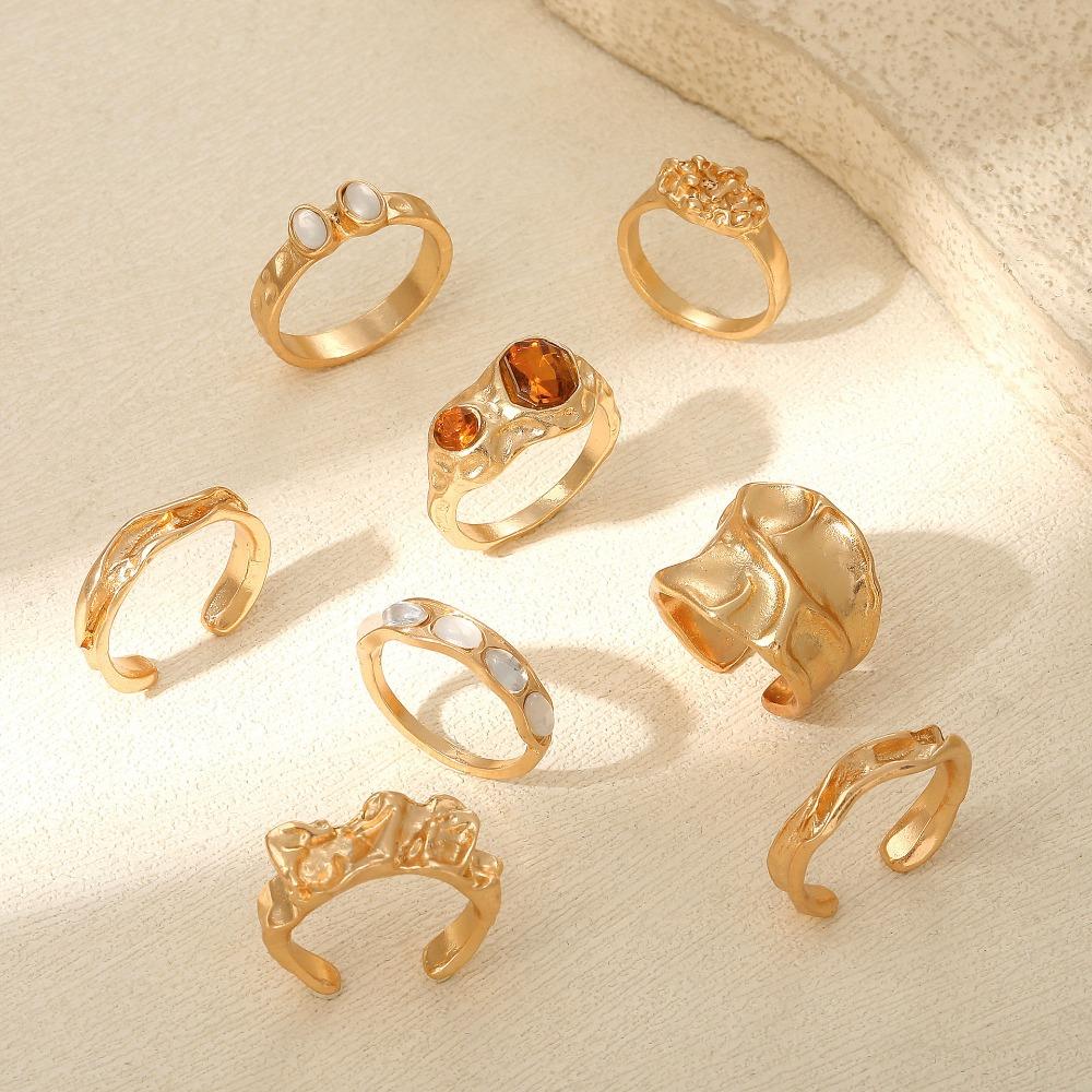 8pcs Set Exaggerated Retro Irregular Geometry Liquid Metal Adjustable Opening Rings for Women Fashion Finger Jewelry Sets Gifts