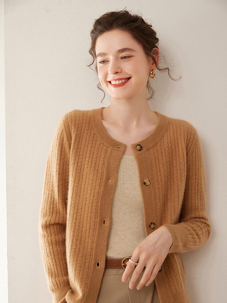 Women's Cable Knit Cashmere Cardigan - Round Neck, Single-Breasted, Fashionable & Warm Sweater Coat