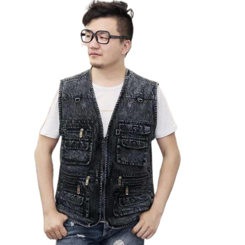 

Мужские жилеты Весна и осень Винтажный джинсовый жилет Безрукавки Жилеты больших размеров L чёрный