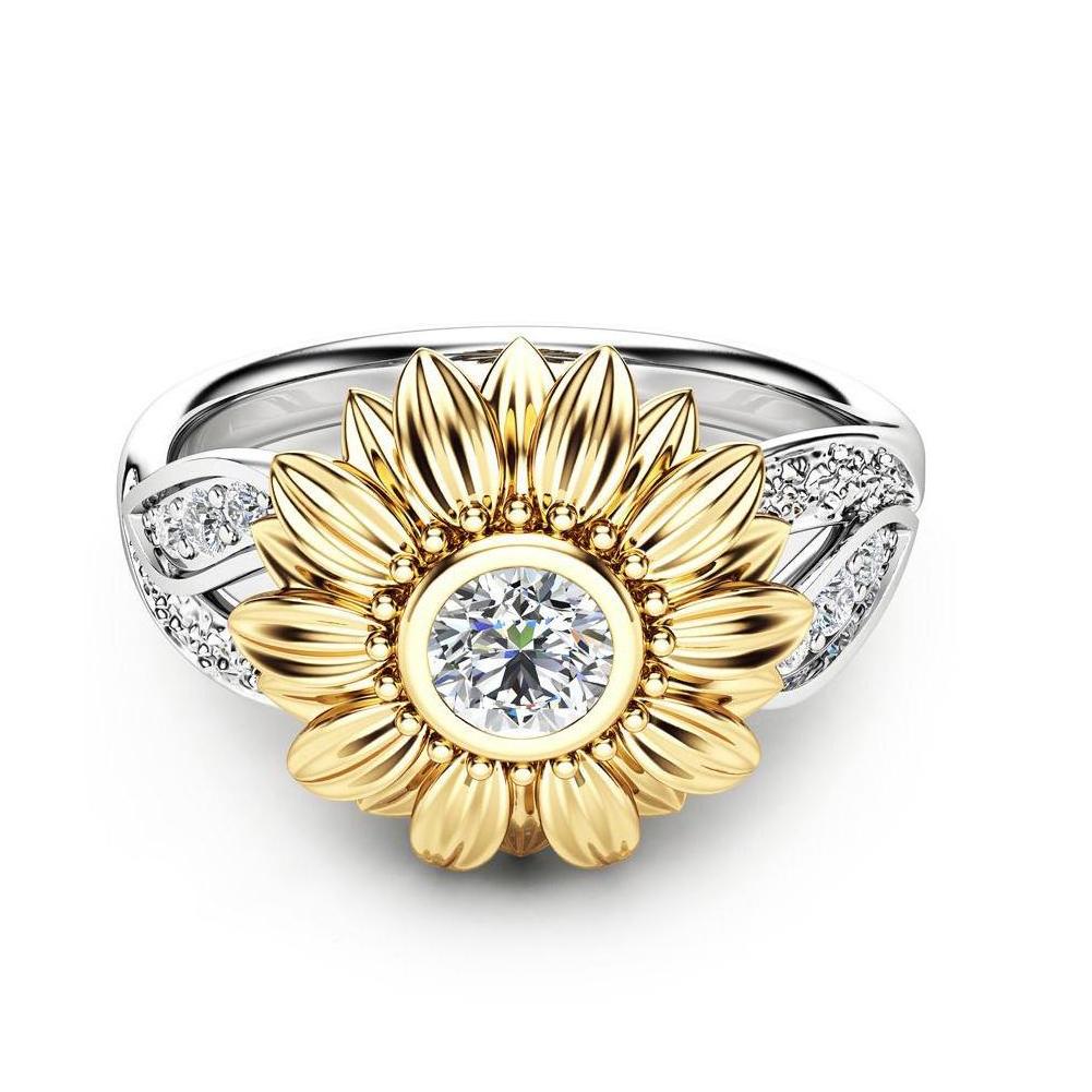 Fashionable Female Copper Engagement Round Sunflower Ring with Zircon Decoration 6#