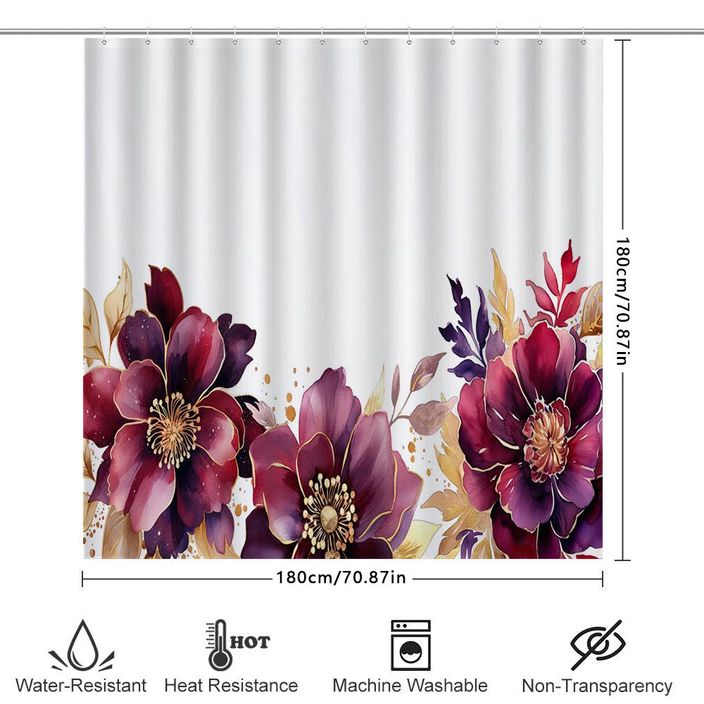 Luxury Bath Shower Curtain With Watercolor Floral Design For Bathroom Decoration White Background, Pink Gold Colors Size: 180X24