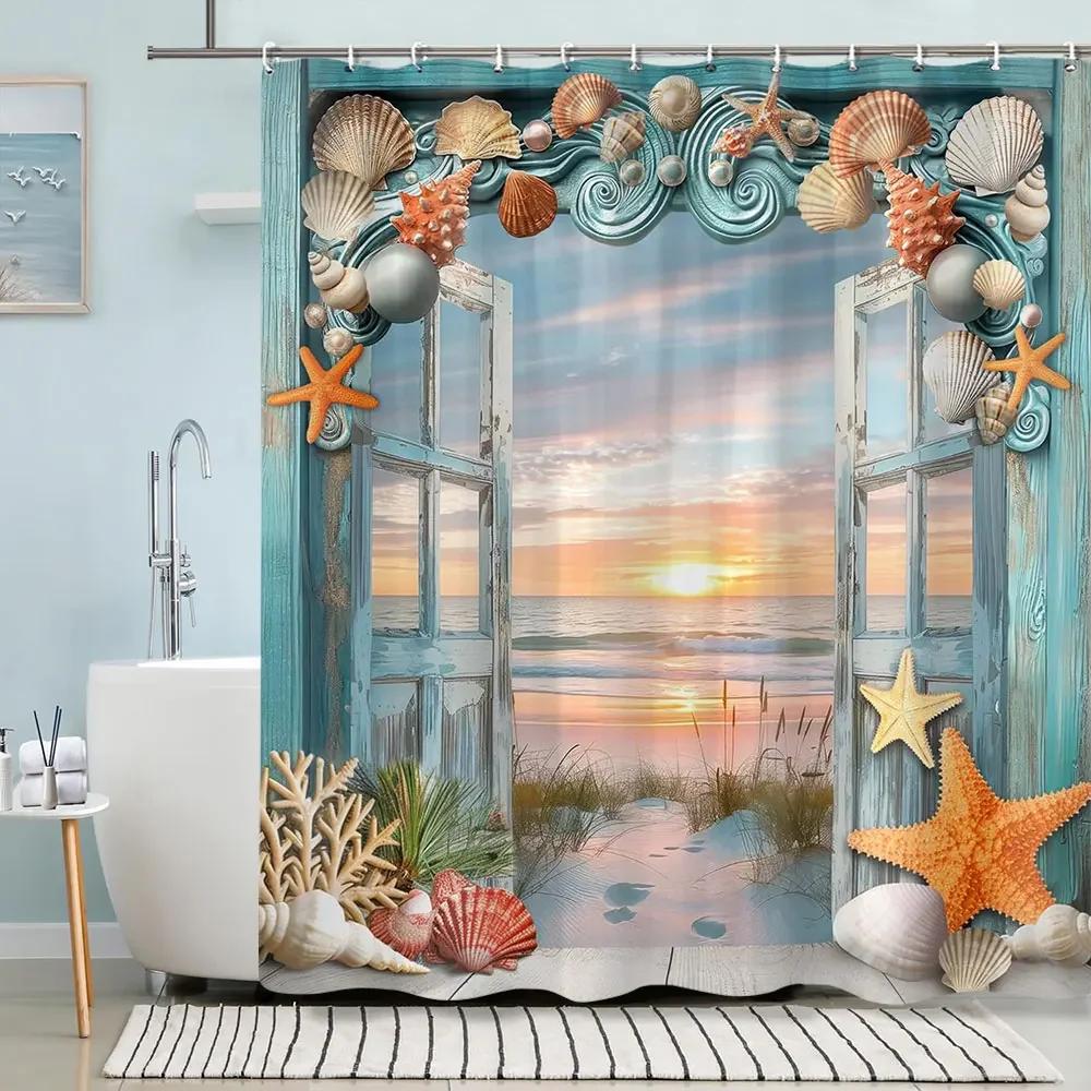 Turtle Shower Curtain Summer Beach Anchor Nautical Starfish Watercolour Art Creative Polyester Shower Curtains Bathroom Decor