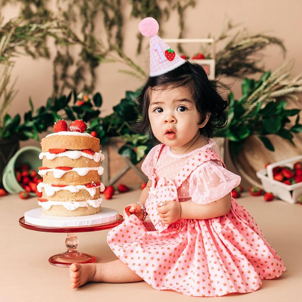 Strawberry 1st Birthday Hat - Girl Sweet One Birthday Decorations, Girls Pink First Birthday Crown, Strawberry Theme Cake Smash Props, Berry Sweet