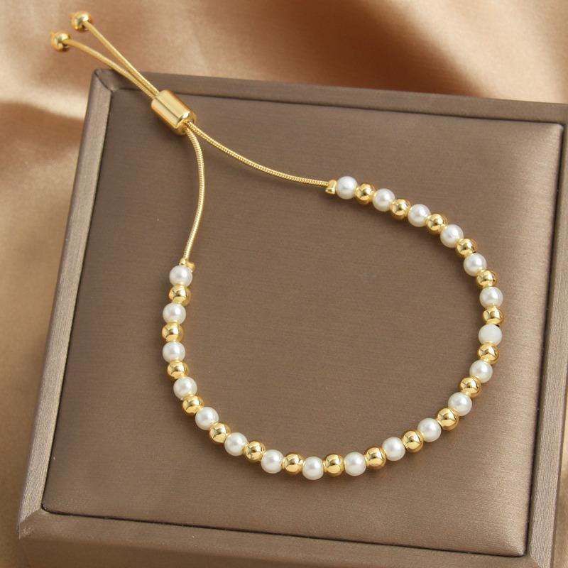 Pearl Stacked Bracelet, 18k Gold Plated, Pull-through Adjustable Bangle, Fashionable and Exquisite Jewelry