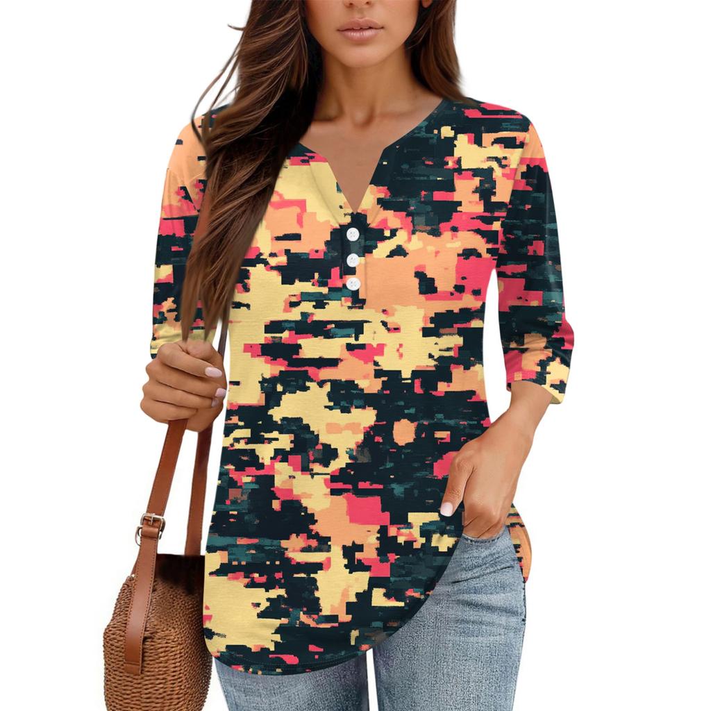 Damen V-Ausschnitt Freizeit Dreiviertelarm Knopf-Detail Top mit Blumenmuster