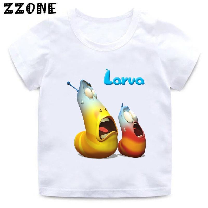 Cartoon Larva Print Kids Funny T shirt Korea Hilarious Insect Larva Baby T-shirt Boys and Girls Summer White Clothes 110