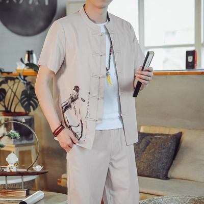 Summer Men's Suit Chinese Printing Short-sleeved Shirt Long Pants Two-piece Set