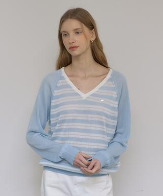 OURHOPE Linen Raglan Striped V-Neck Knit - Sky Blue