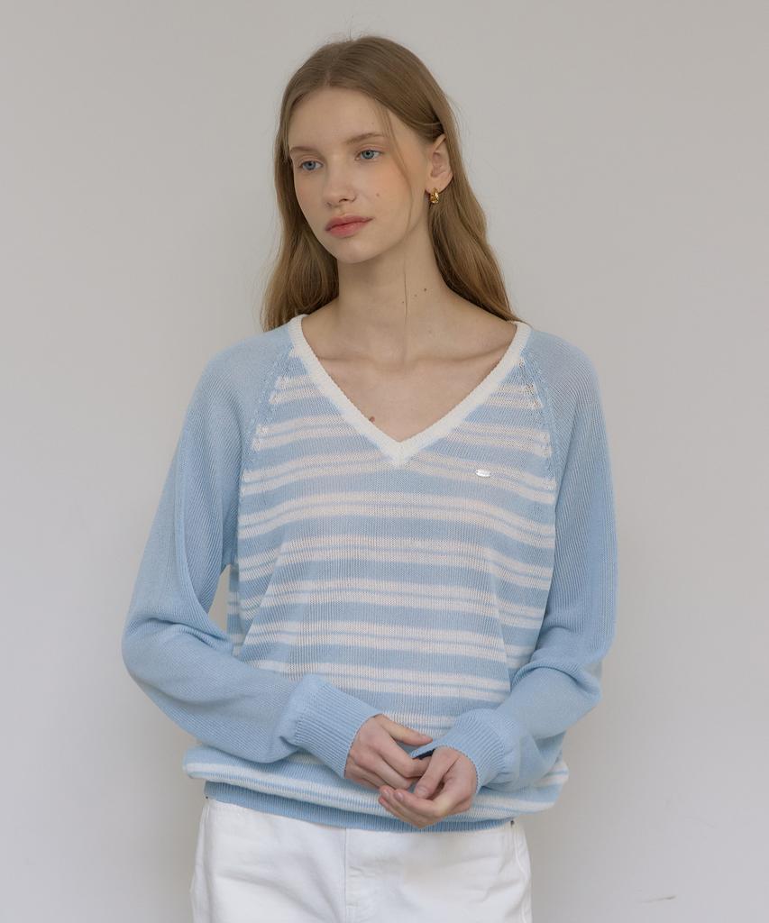 OURHOPE Linen Raglan Striped V-Neck Knit - Sky Blue
