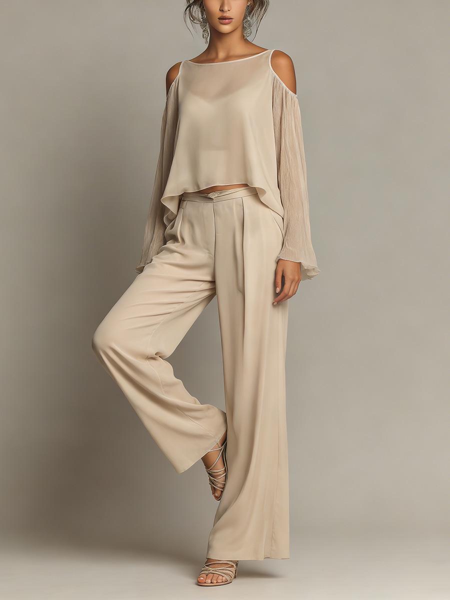 

Women s Solid Color Off-the-Shoulder Casual Top and Wide-Leg Pants Two-Piece Set, European and American Style 2026. XXL