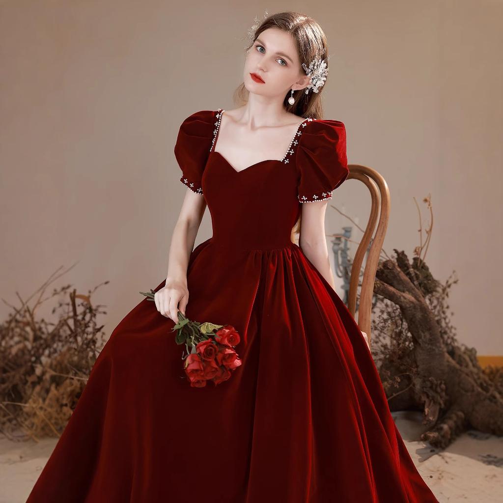 Velvet toasts 1011 new summer bride wedding engagement thin temperament burgundy bubble sleeve evening dress