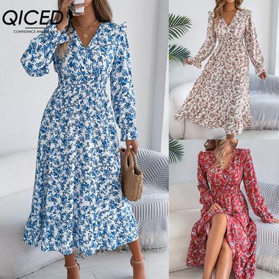Autumn and Winter Elegant Floral Cross V-neck Cinched Waist Ruffled Long Dress Women's Wear