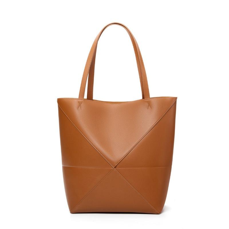 Bolso tote de hombro de gran capacidad plegable de piel de vaca entera, temperamento retro, empalme geométrico, bolso cubo plegable