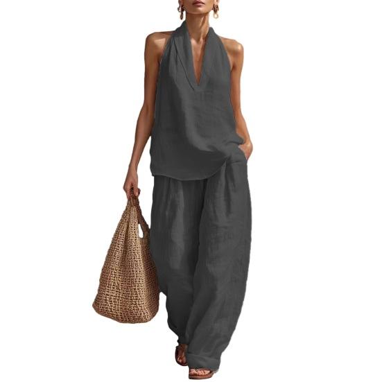 

Two Piece Cotton Linen Sets for Women Sleeveless V Neck Halter Top Matching Wide Leg Pants Summer Vacation Lounge Outfits M темно-серого