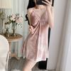 Women’s Autumn Winter Pleuche Nightgown with Built-In Bra Lace Trim Camisole Sleep Dress Sexy Loungewear