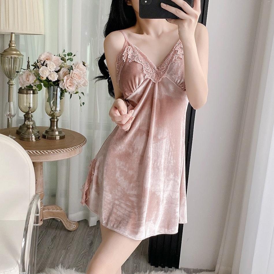 Women’s Autumn Winter Pleuche Nightgown with Built-In Bra Lace Trim Camisole Sleep Dress Sexy Loungewear