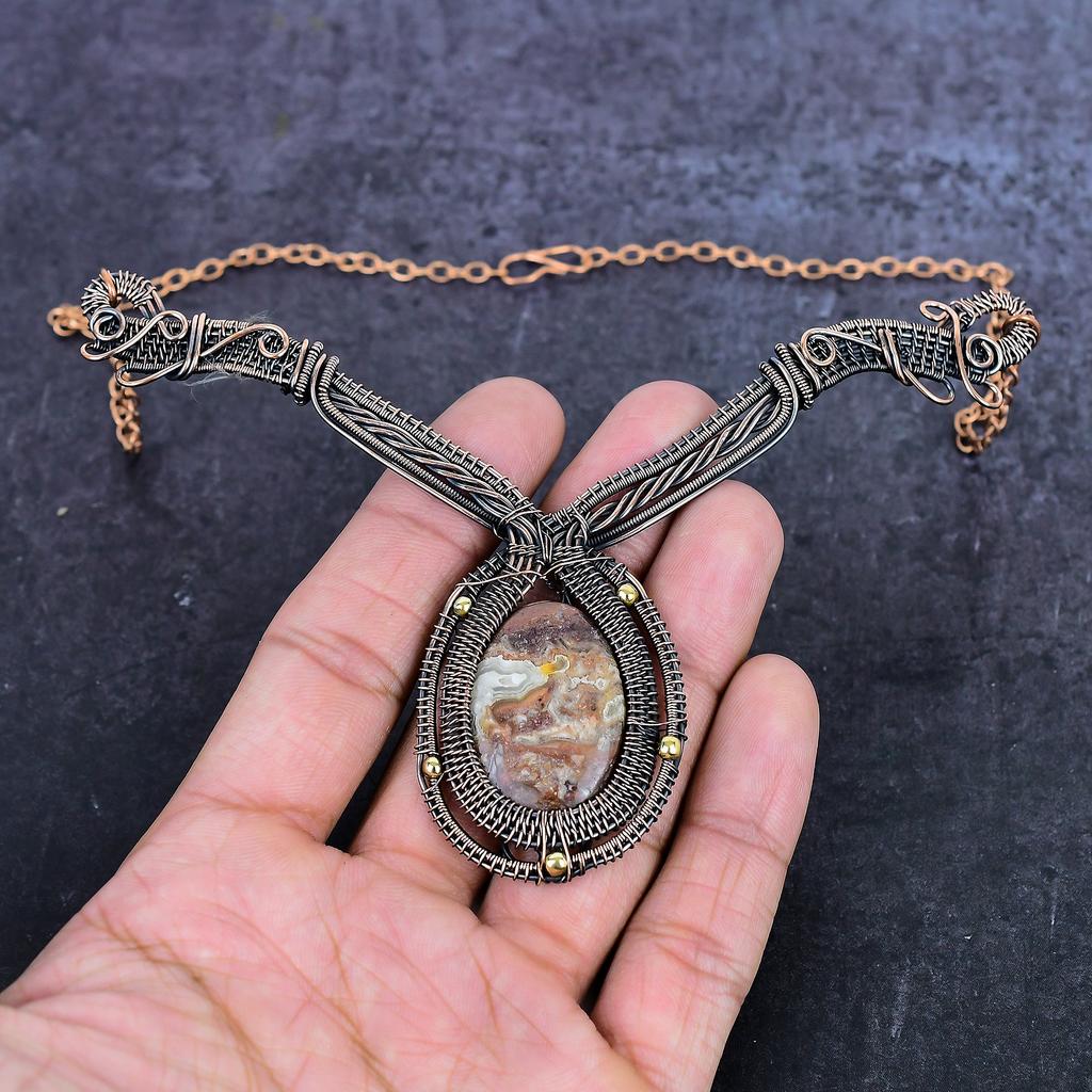 Laguna Lace Agate Gemstone Handmade Copper Wire Wrap Jewelry Necklace 18" ET-4958