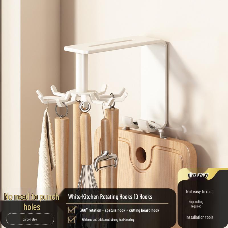 White Wall-Mounted Kitchen Rack: No-Drill Seasoning, Knife, and Chopsticks Organizer
