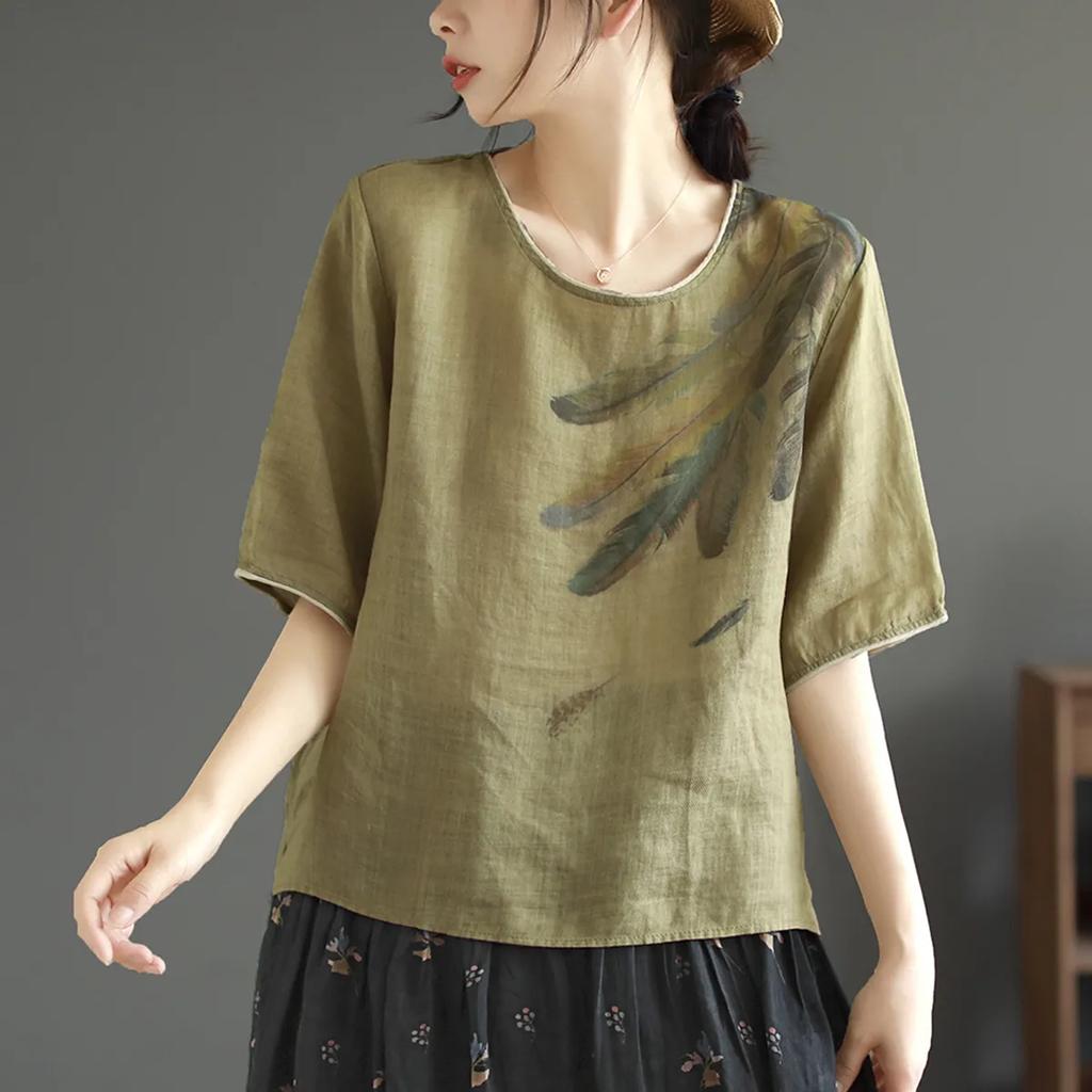 Bawełniano-lniany T-shirt Top Damski Letni Nowy Luźny Okrągły Dekolt Oddychający Cienki Z Nadrukiem Artystyczny Retro Krótki Rękaw Damski Top