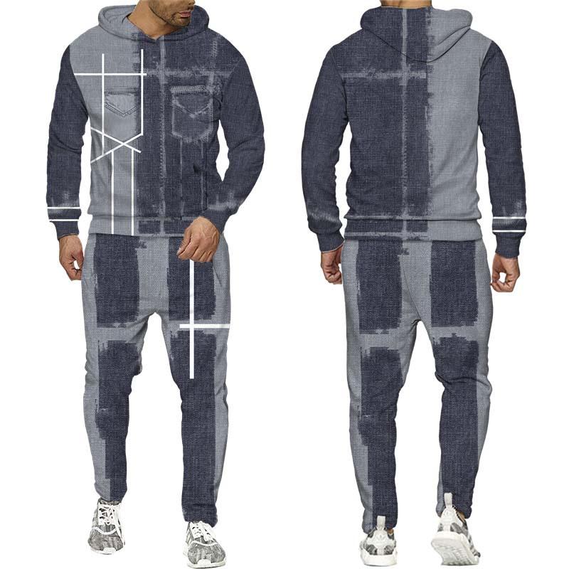 

Весна-Осень Креативный Лоскутный Узор 3D Печатный Свободный Повседневный Мужской Свитшот С Длинным Рукавом С Капюшоном Спортивные Штаны Комплект Из 2 Предметов XL