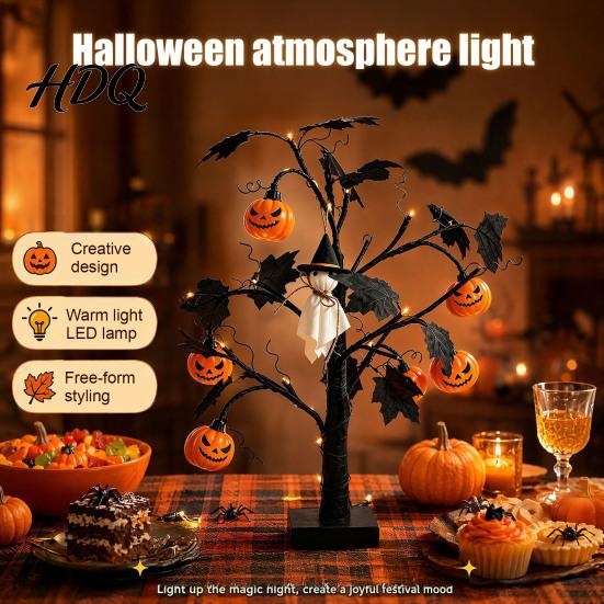 Lampade Natalizie da Tavolo Albero di Halloween Luce LED Ramo Nero Illuminato con Occhio di Fantasma Zucca Ragno USB Festival Luci da Interno Oggetti di Scena e Batteria