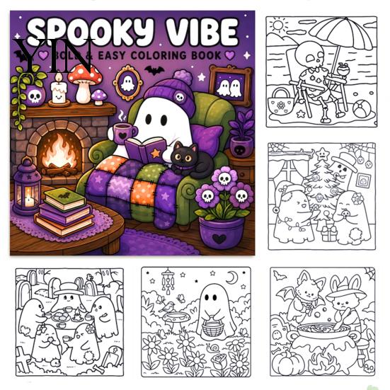 Jedinečné dárky pro milovníky Halloweenu, Kniha omalovánek s duchy pro dospělé, 24 listů, Roztomilé vzory, Zesílený papír, Podložky na kreslení z bavlněné buničiny 20 cm