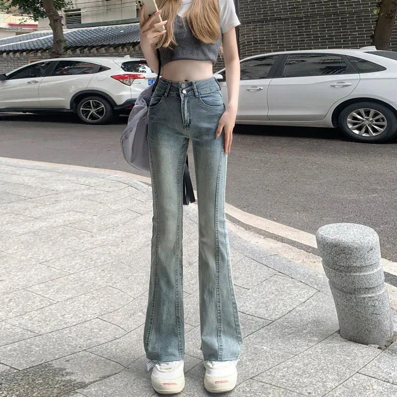 

Женские джинсы клеш с высокой посадкой в стиле ретро, с двойной пуговицей и эластичным дизайном Medium светло-синий