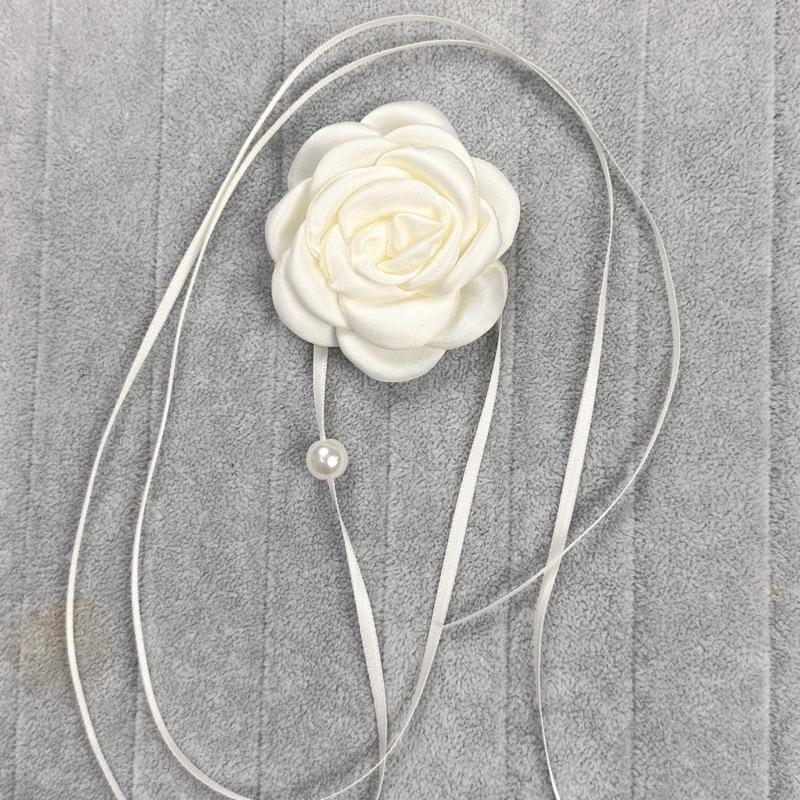 French Camellia Lace-Up Pearl Choker Necklace - Black Flower Collar for Women
