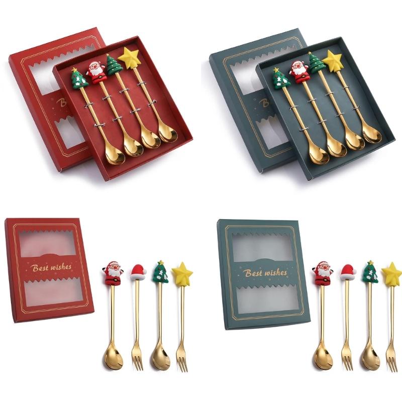 4pcs Christmas Spoons Forks with Gift Box Coffee Spoon Tea Stirring Spoon Xmas