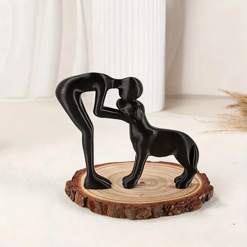 Abstract Art Man and Dog Sculpture Black Resin Figurine Healing Home Decor Accent for Pet Lovers