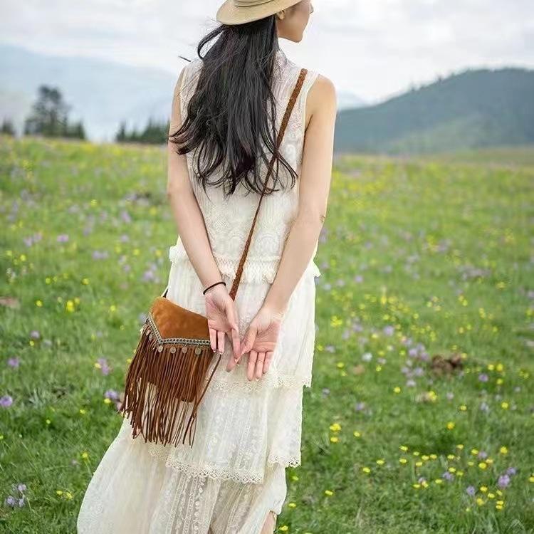 Retro Etniczny Styl Podróżnicza Fotografia Brązowa Imitacja Zamszu Z Frędzlami Torba Diagonalna Torba na Telefon Komórkowy Wszechstronna Torba na Ramię