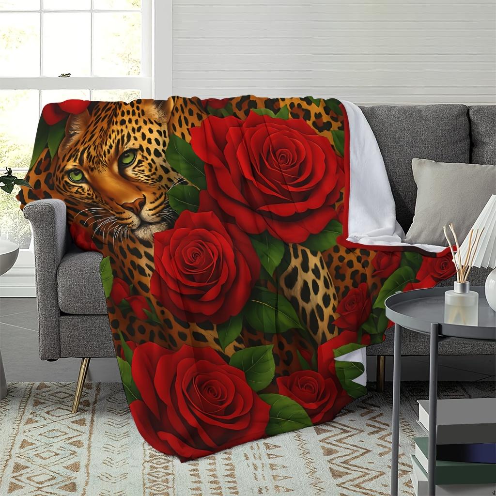 Vintage Cheetah With Big Red Rose Pattern Soft Flannel Blanket Lightweight Air Conditioning Cover Blanket For Couch Travel