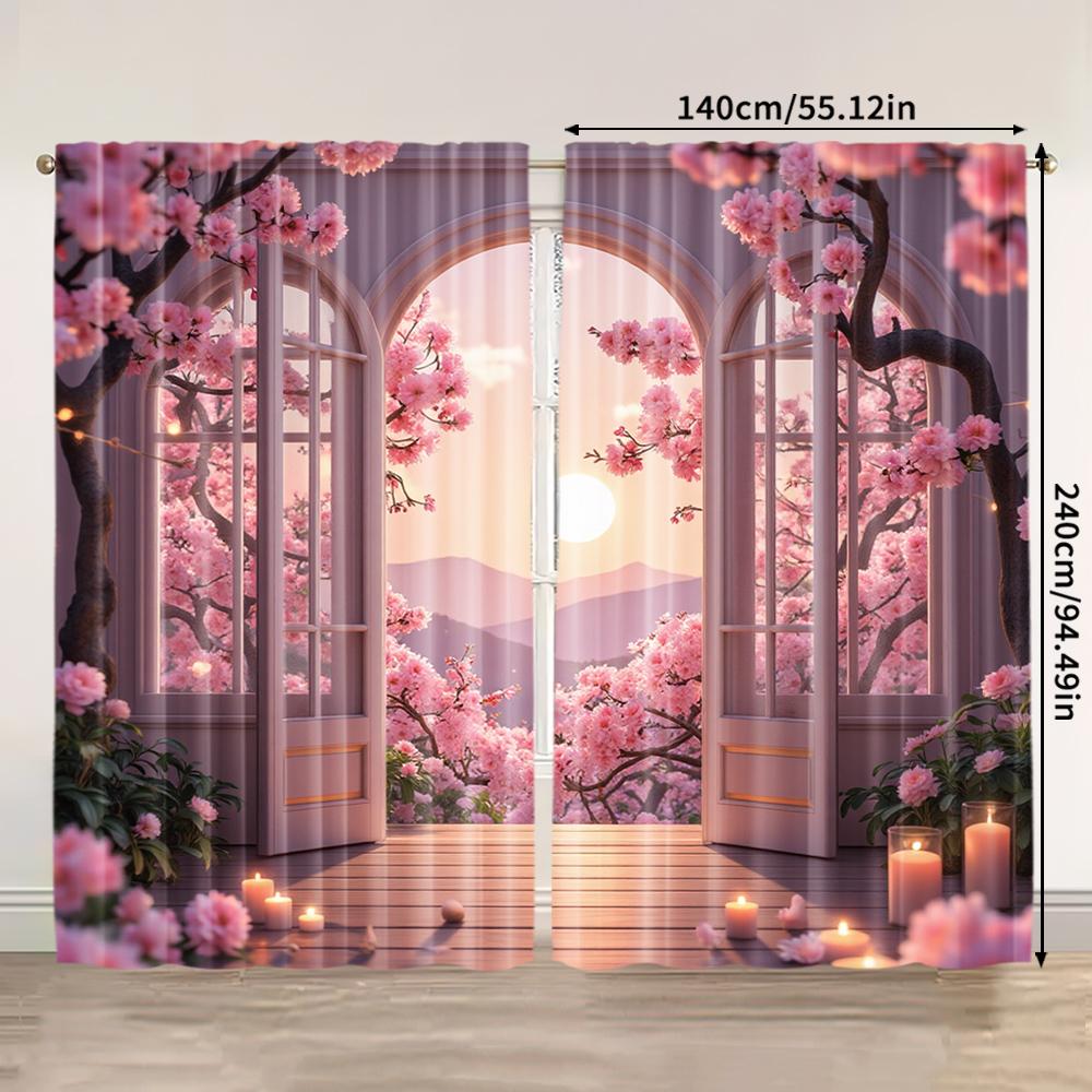 2pcs   spring summer Curtains Spring Flowers Romantic Scenery Prints Light Filtering Curtains Versatile Polyester Fabric Festive