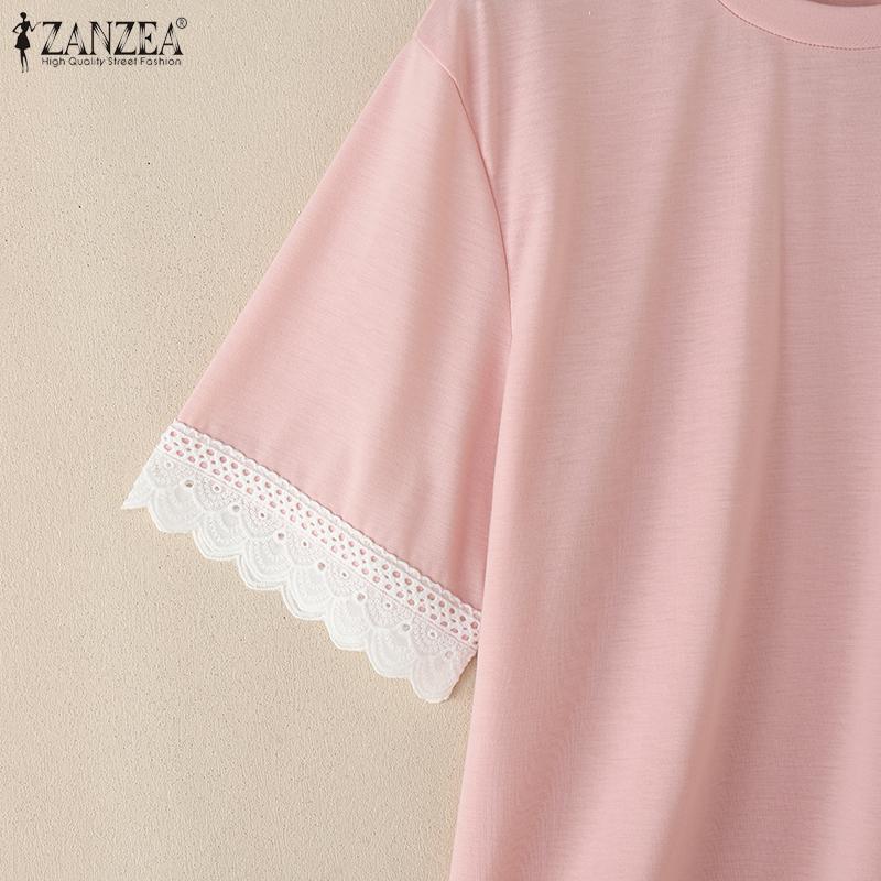 ZANZEA Damska codzienna bluzka z okrągłym dekoltem, koronkowymi wstawkami i krótkim rękawem
