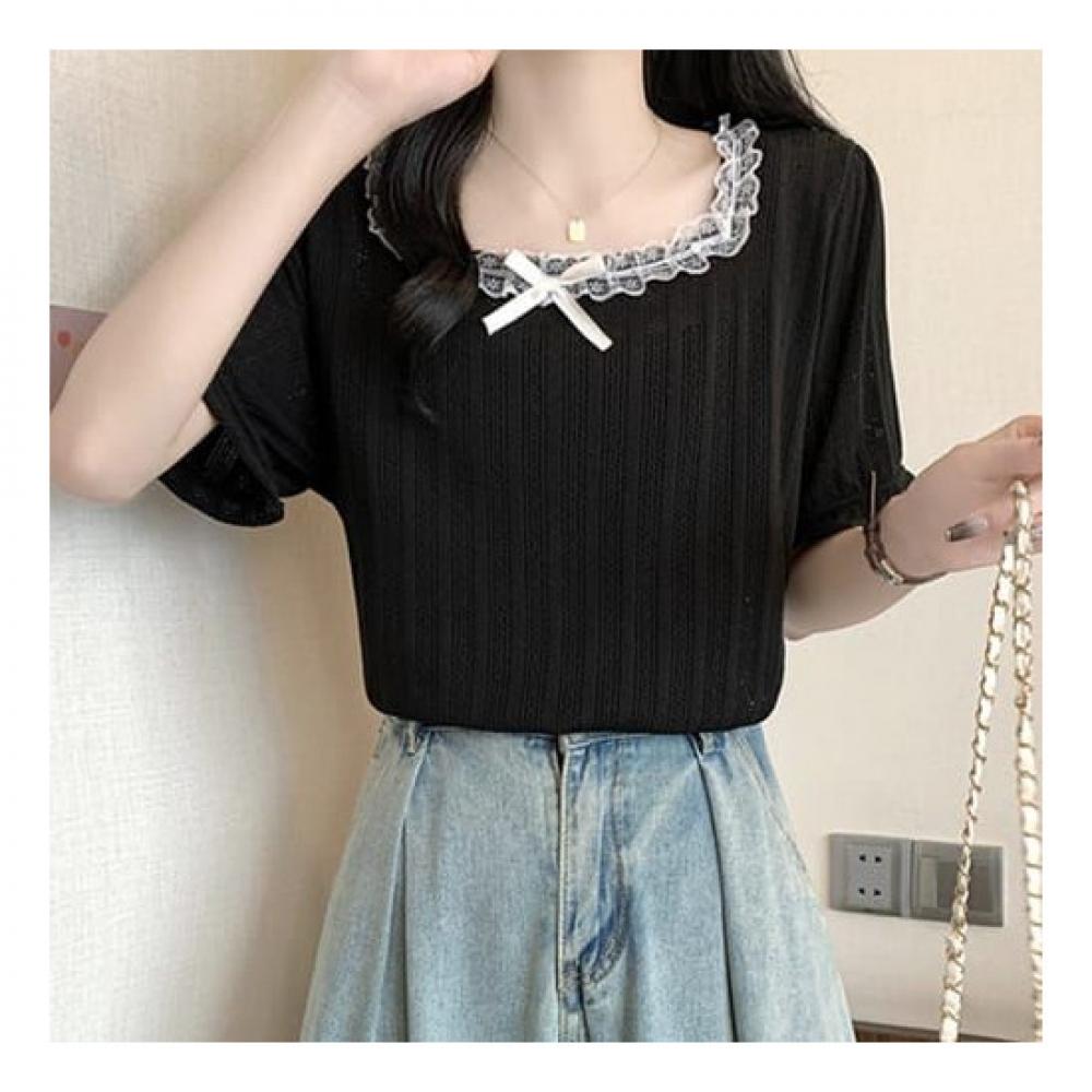 Navava Romantic Frill Punching Square Neck Short Sleeve Knit Nk2243