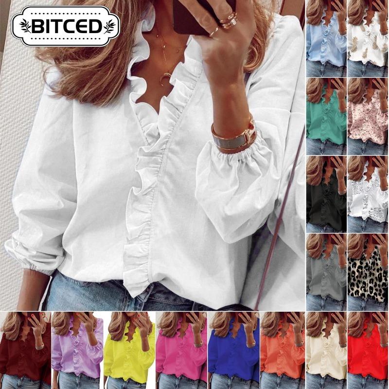 BITCED Women's Fashion Casual Solid Color Print Long Sleeve V Neck Blouses & Shirts