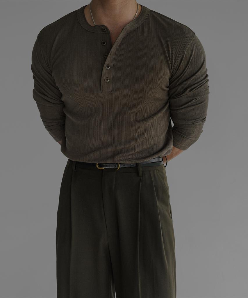 Baulopeulodeogteu Pattern Muscle Henley Neck Knit Tee [Khaki]