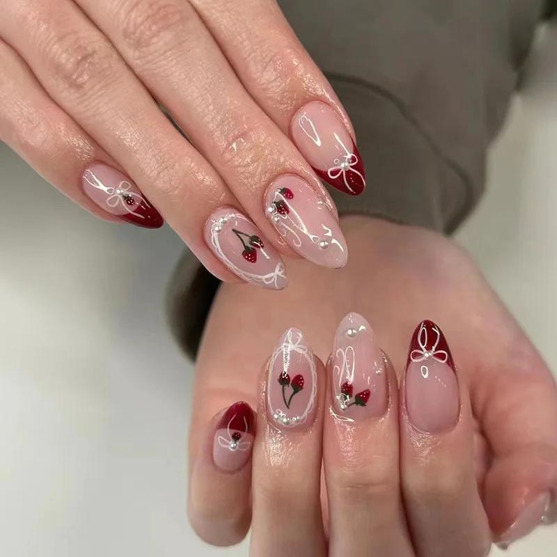 

BEPAN 24Pcs Almond Press-On Nails in Pink Cat Eye with Heart & Strawberry Designs – Glossy Acrylic Stick-On Nails for Women & Girls