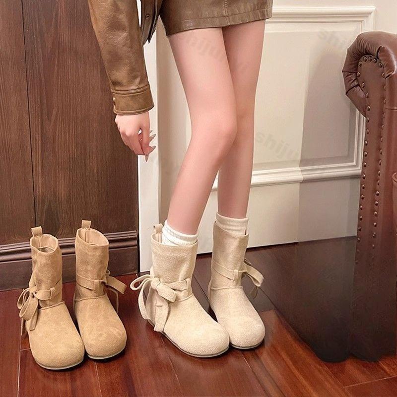 Women Suede Short Boots  Autumn Winter New Vintage Lace Up Bow Knot Fashion Boots Comfortable Outdoor Non Slip Casual Flats
