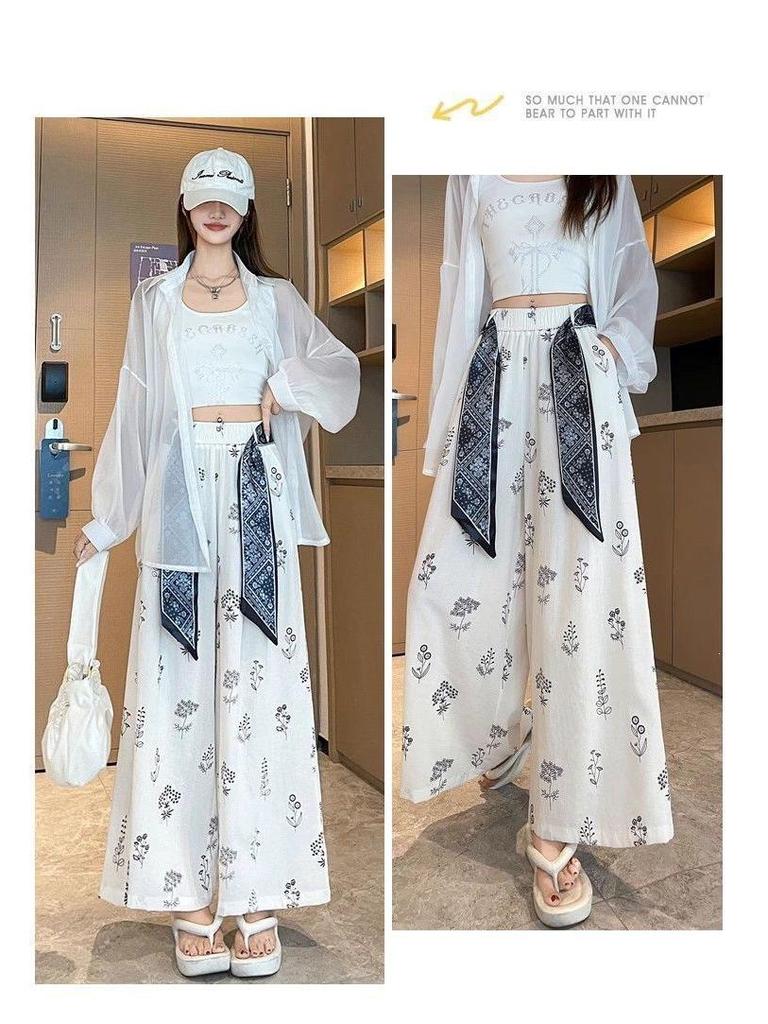 Women's Ethnic Style High-Waist Ice Silk Wide-Leg Cropped Trousers - Summer Slimming Print